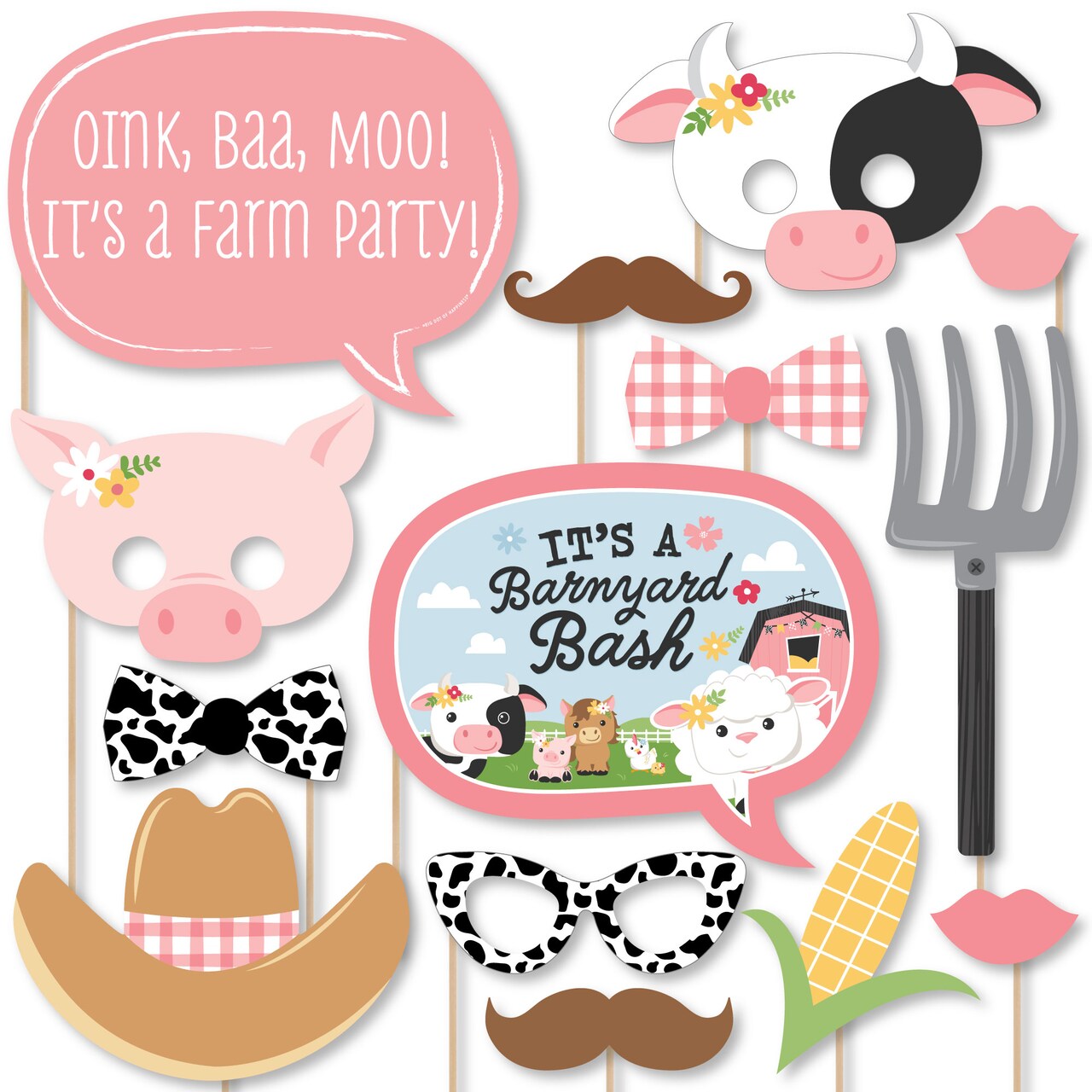Big Dot of Happiness Girl Farm Animals - Pink Barnyard Baby Shower or Birthday Party Photo Booth Props Kit - 20 Count